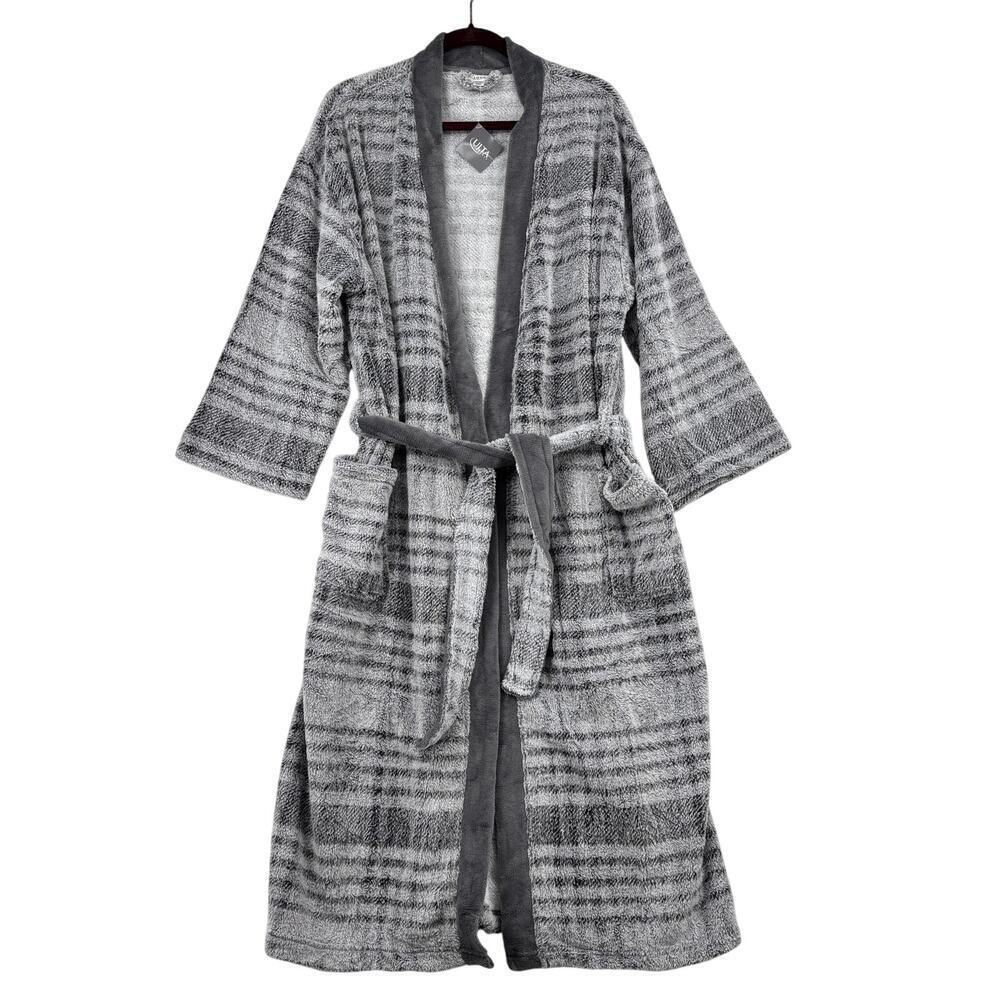 Ulta Beauty‎ Plush Robe One Size Gray Stripe Belted Pockets Bath Cozy Lounge